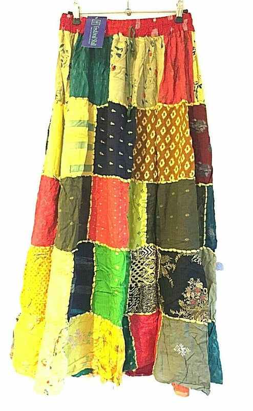 LONG PATCHWORK SKIRT MAXI Boho hippie Festival YellowVintage retro One Size 8-18