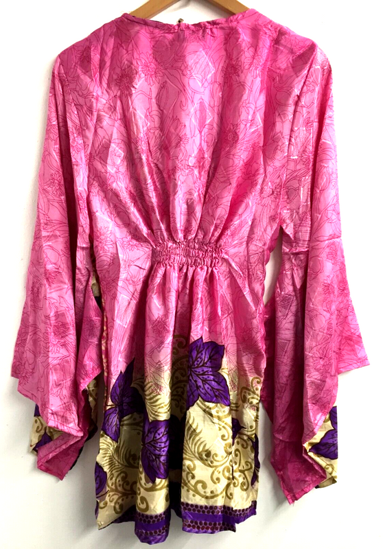 BLOUSE tunic top Boho Hippy Sari Silk PINK retro KAFTAN cover up ONE SIZE 8-18