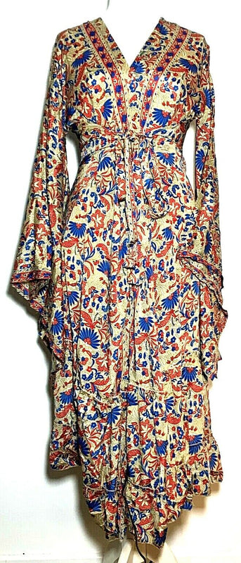 DRESS COVER UP Boho hippie SILK Kimono Wrap RED BLUE Long gown robe duster coat