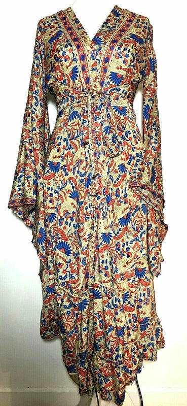 DRESS COVER UP Boho hippie SILK Kimono Wrap RED BLUE Long gown robe duster coat