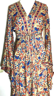 DRESS COVER UP Boho hippie SILK Kimono Wrap RED BLUE Long gown robe duster coat