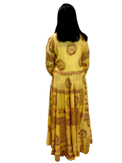 Yellow Maxi Dress Boho hippy festival style, Om print, Yoga Floaty LONG UK 8-14