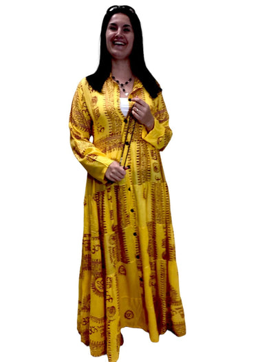 Yellow Maxi Dress Boho hippy festival style, Om print, Yoga Floaty LONG UK 8-14