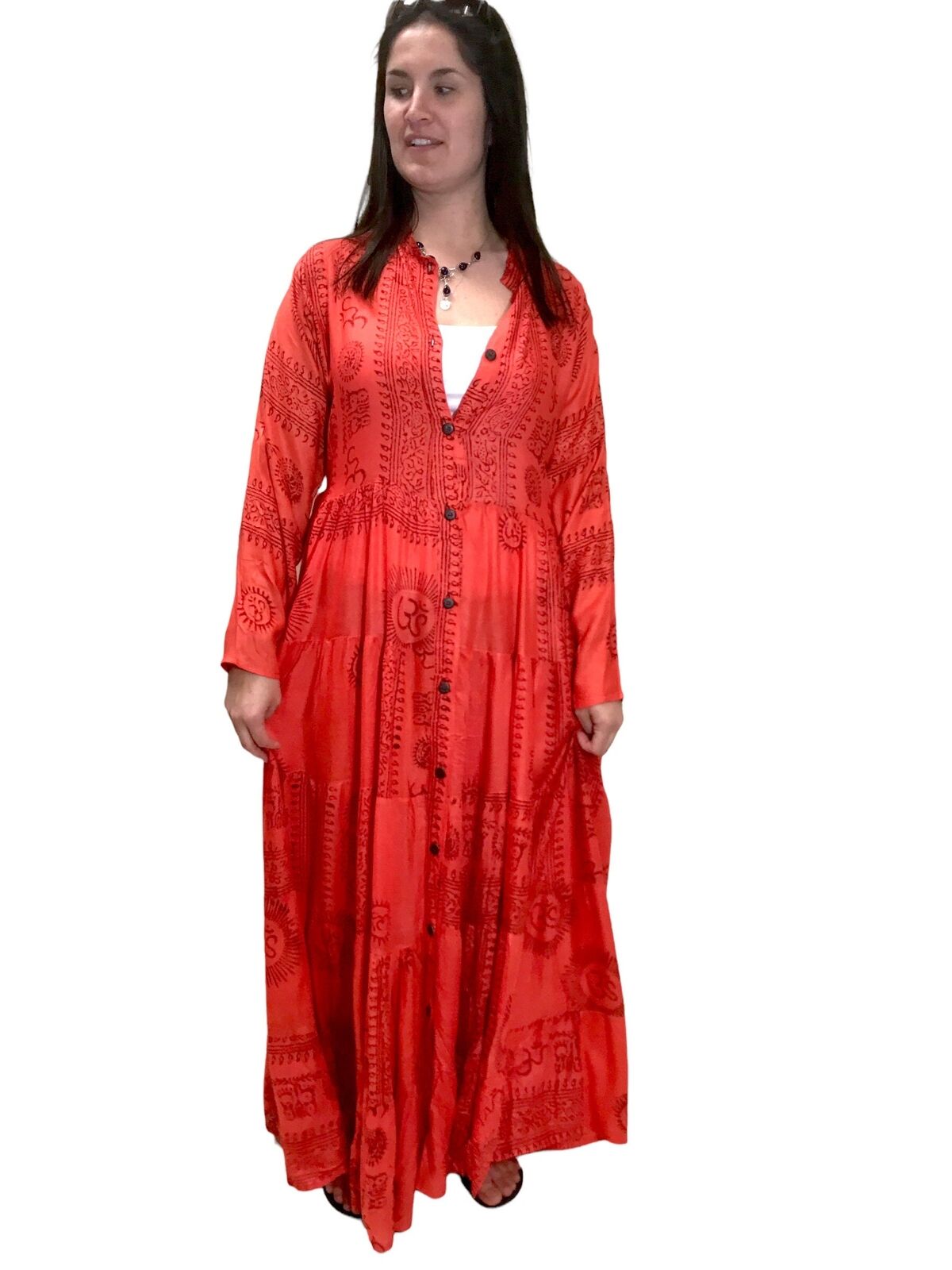 RED Maxi Dress Boho hippy festival Style print yoga long summer UK 8 10 12 14 16