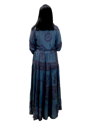 GREY long DRESS, Boho Hippy Festival style, red print UK 10 12 14 ONE SIZE