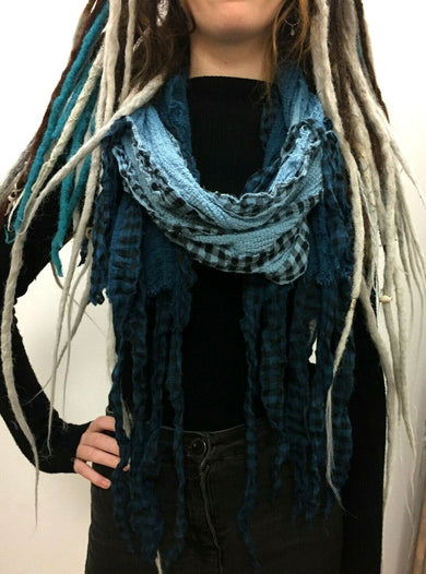 Scarf wrap Boho hippy goth BLUE dip dye long tassel LETTUCE OF LONDON  gift