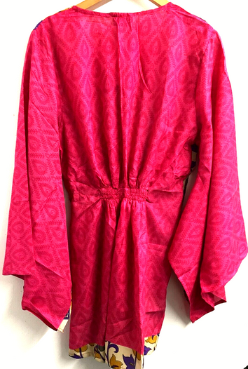 BLOUSE tunic top Boho Hippy Sari Silk PINK retro KAFTAN cover up ONE SIZE 8-18