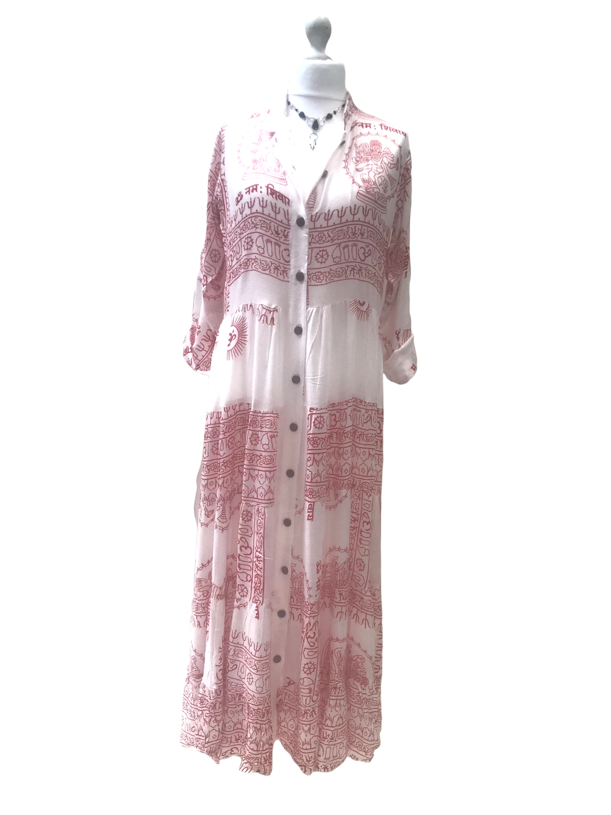 Long Dress Boho hippy festival Om print Yoga Red & White maxi UK 8 10 12 14