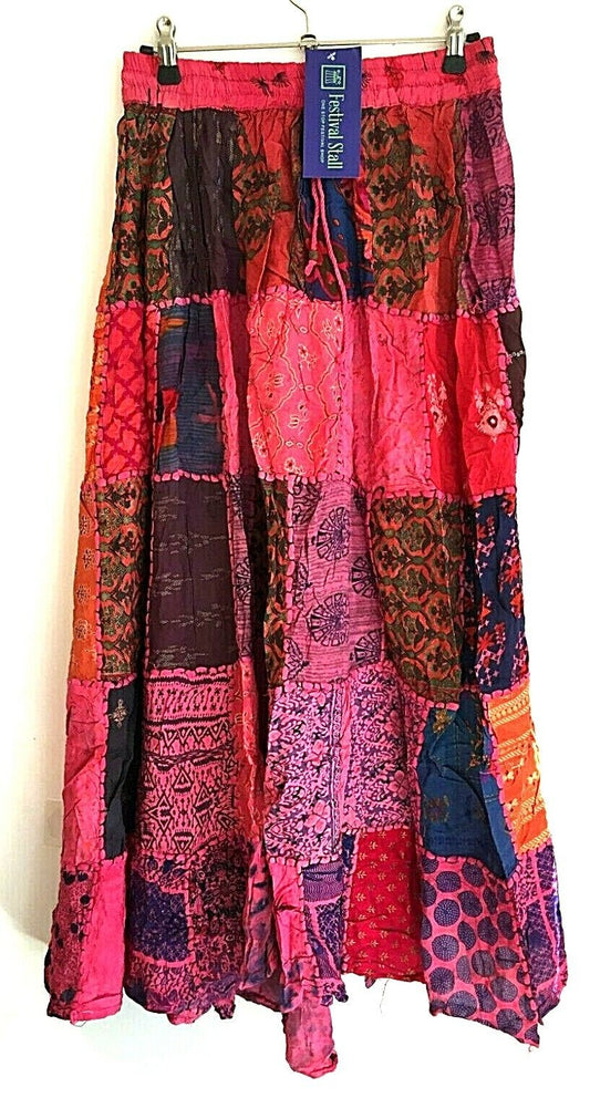 LONG PINK PATCHWORK SKIRT Boho hippie Festival  Vintage retro maxi One Size 8-18