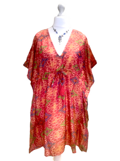 Tunic Kaftan Top short dress RED Boho hippy festival vintage Sari Silk UK 8-18