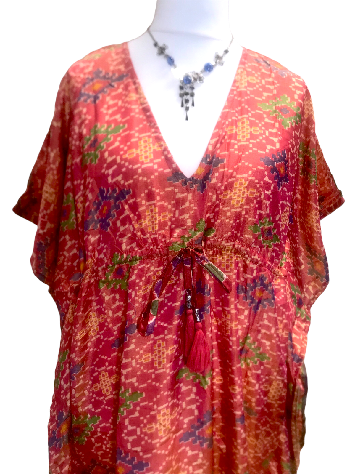 Tunic Kaftan Top short dress RED Boho hippy festival vintage Sari Silk UK 8-18