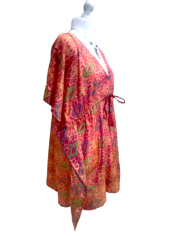 Tunic Kaftan Top short dress RED Boho hippy festival vintage Sari Silk UK 8-18