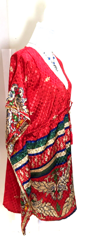 Kaftan Tunic Dress Top blouse RED Boho hippy festival Sari Silk Cover up 8 - 18