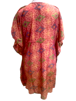 Tunic Kaftan Top short dress RED Boho hippy festival vintage Sari Silk UK 8-18