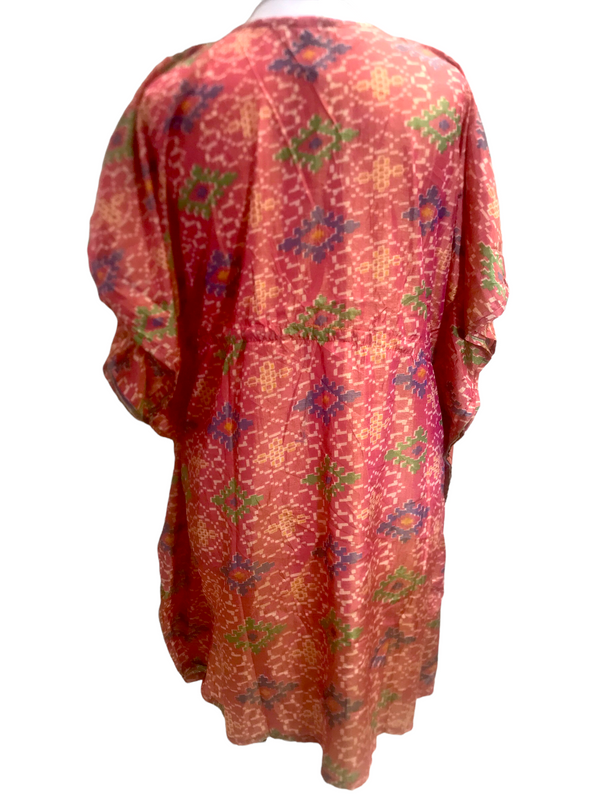 Tunic Kaftan Top short dress RED Boho hippy festival vintage Sari Silk UK 8-18