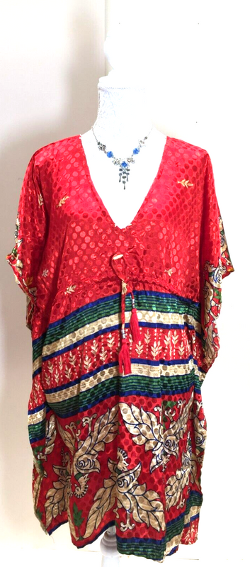 Kaftan Tunic Dress Top blouse RED Boho hippy festival Sari Silk Cover up 8 - 18