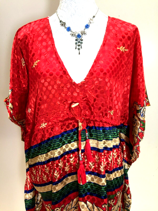 Kaftan Tunic Dress Top blouse RED Boho hippy festival Sari Silk Cover up 8 - 18
