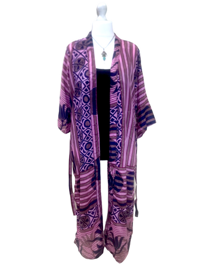 PURPLE HANDMADE  ROBE Kimono Cover up DRESS recycled INDIAN Sari Silk  6 8 10 12