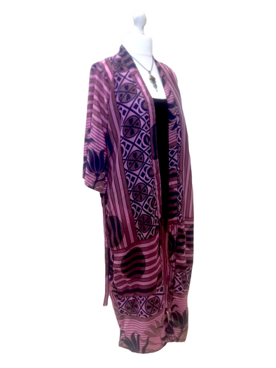 PURPLE HANDMADE  ROBE Kimono Cover up DRESS recycled INDIAN Sari Silk  6 8 10 12