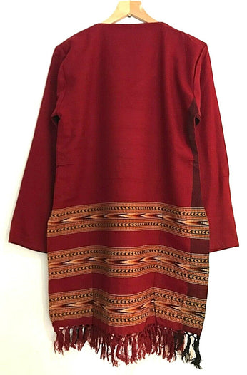 Tunic top Boho Hippie Festival Winter Warm tassel long sleeve BURGUNDY S M L