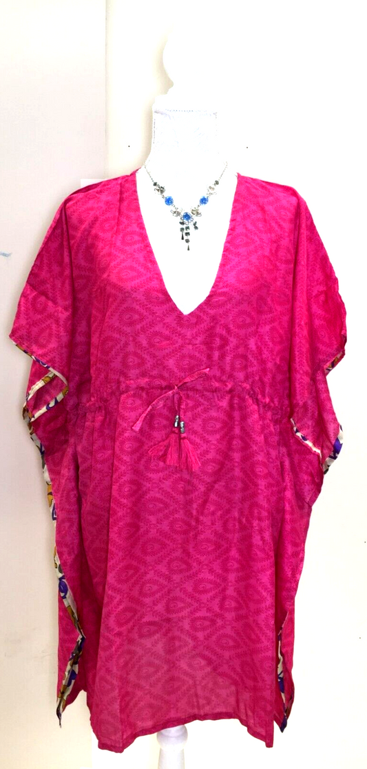 Kaftan Tunic Top blouse PINK Boho hippy festival Sari Silk Cover up UK 8 - 18