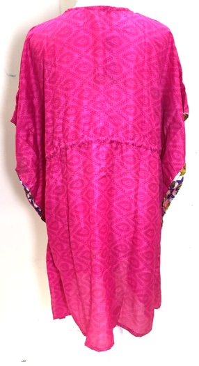 Kaftan Tunic Top blouse PINK Boho hippy festival Sari Silk Cover up UK 8 - 18