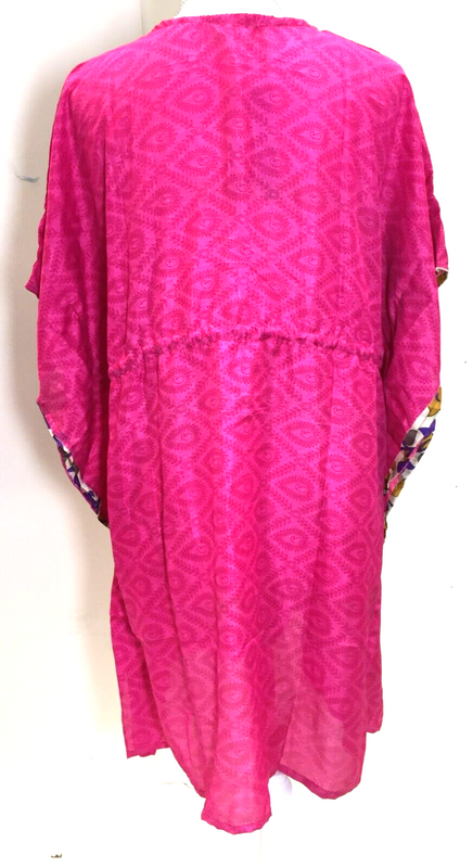 Kaftan Tunic Top blouse PINK Boho hippy festival Sari Silk Cover up UK 8 - 18