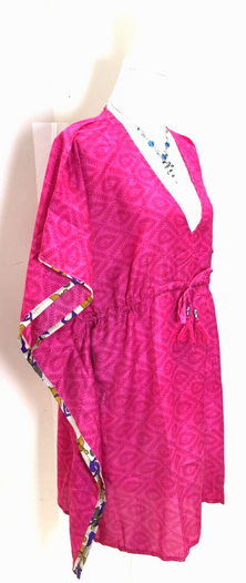 Kaftan Tunic Top blouse PINK Boho hippy festival Sari Silk Cover up UK 8 - 18