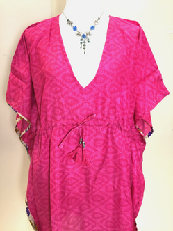 Kaftan Tunic Top blouse PINK Boho hippy festival Sari Silk Cover up UK 8 - 18