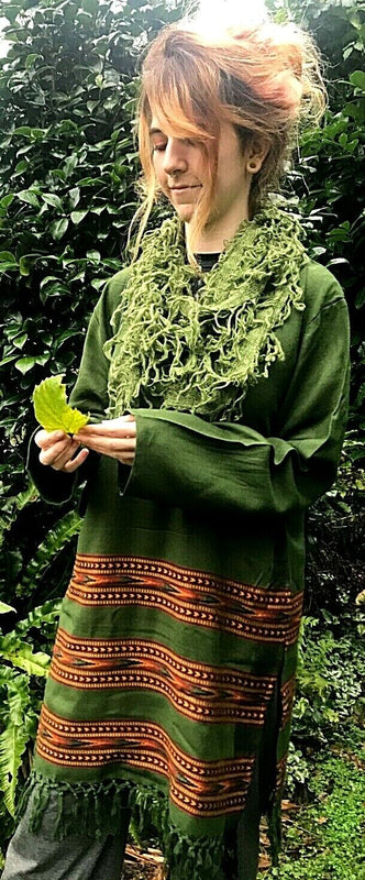 Tunic top Boho Hippie Festival Winter Warm tassel long sleeve GREEN long M L