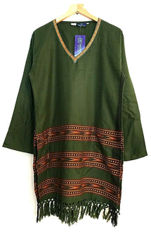 Tunic top Boho Hippie Festival Winter Warm tassel long sleeve GREEN long M L