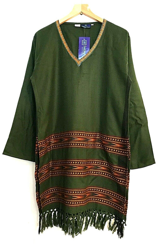 Tunic top Boho Hippie Festival Winter Warm tassel long sleeve GREEN long M L