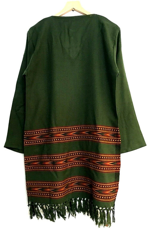 Tunic top Boho Hippie Festival Winter Warm tassel long sleeve GREEN long M L