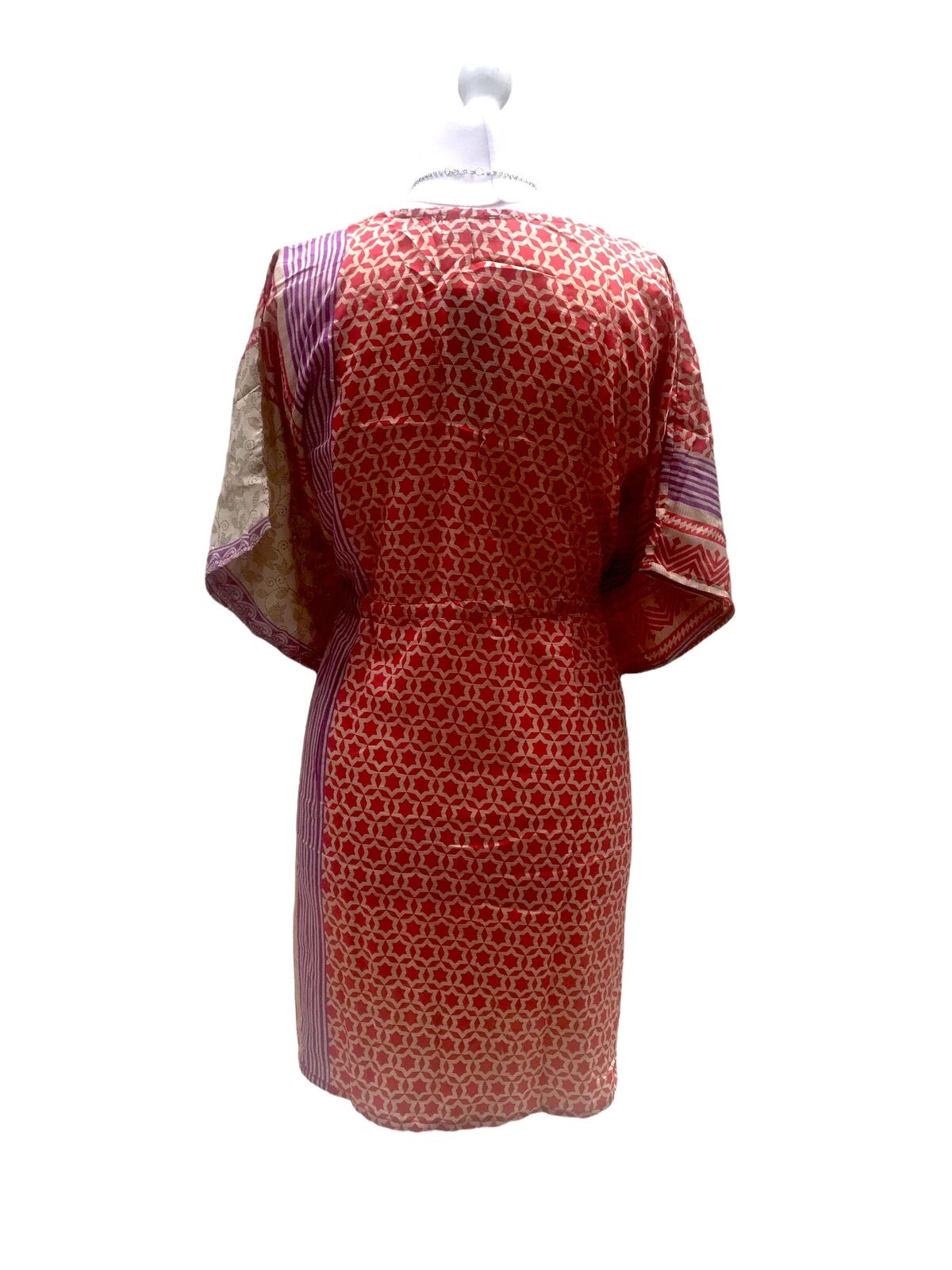 DRESS Boho hippy VINTAGE Sari Silk RED Beach Tunic Kaftan Top Cover up UK 8-18