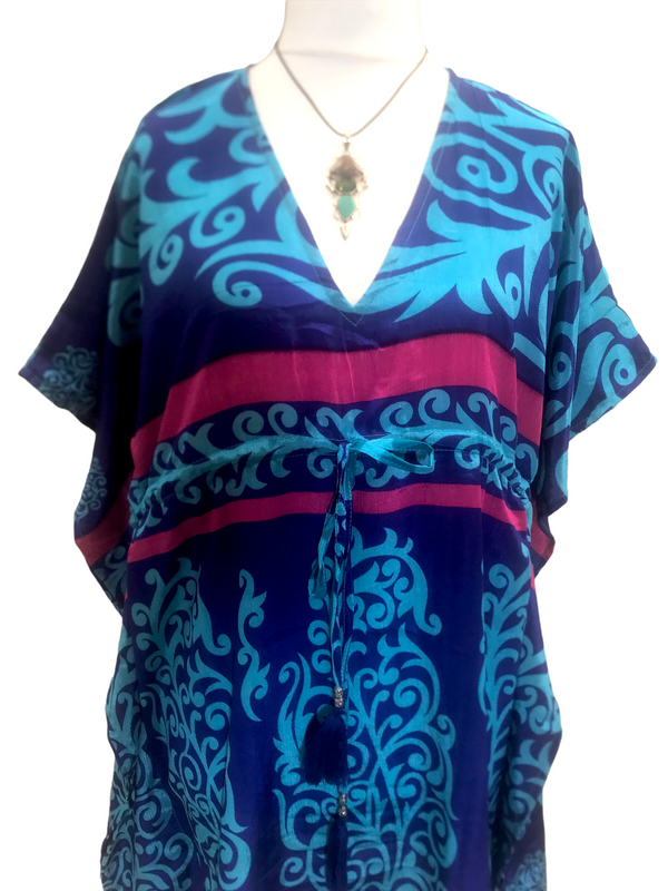 Tunic, Kaftan Top Cover up dress Boho hippy, festival Sari Silk Long UK 8 - 18