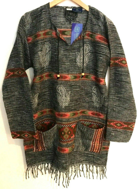 Boho hippie TUNIC grey winter warm  tassel long sleeve blouse top  8 10 12 14
