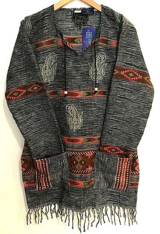 Boho hippie TUNIC grey winter warm  tassel long sleeve blouse top  8 10 12 14