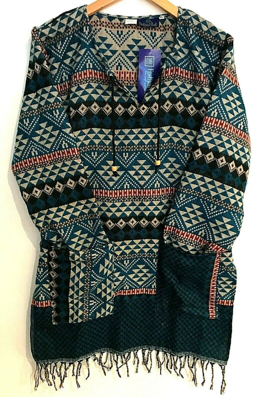 TUNIC Boho hippie JUMPER PULLOVER SWEATER  BLUE winter warm tassel top UK 8 - 14