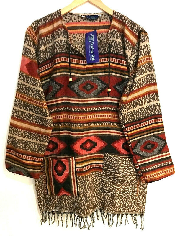 TUNIC Boho hippie  JUMPER PULLOVER SWEATER Brown winter warm tassel top UK 8 -14