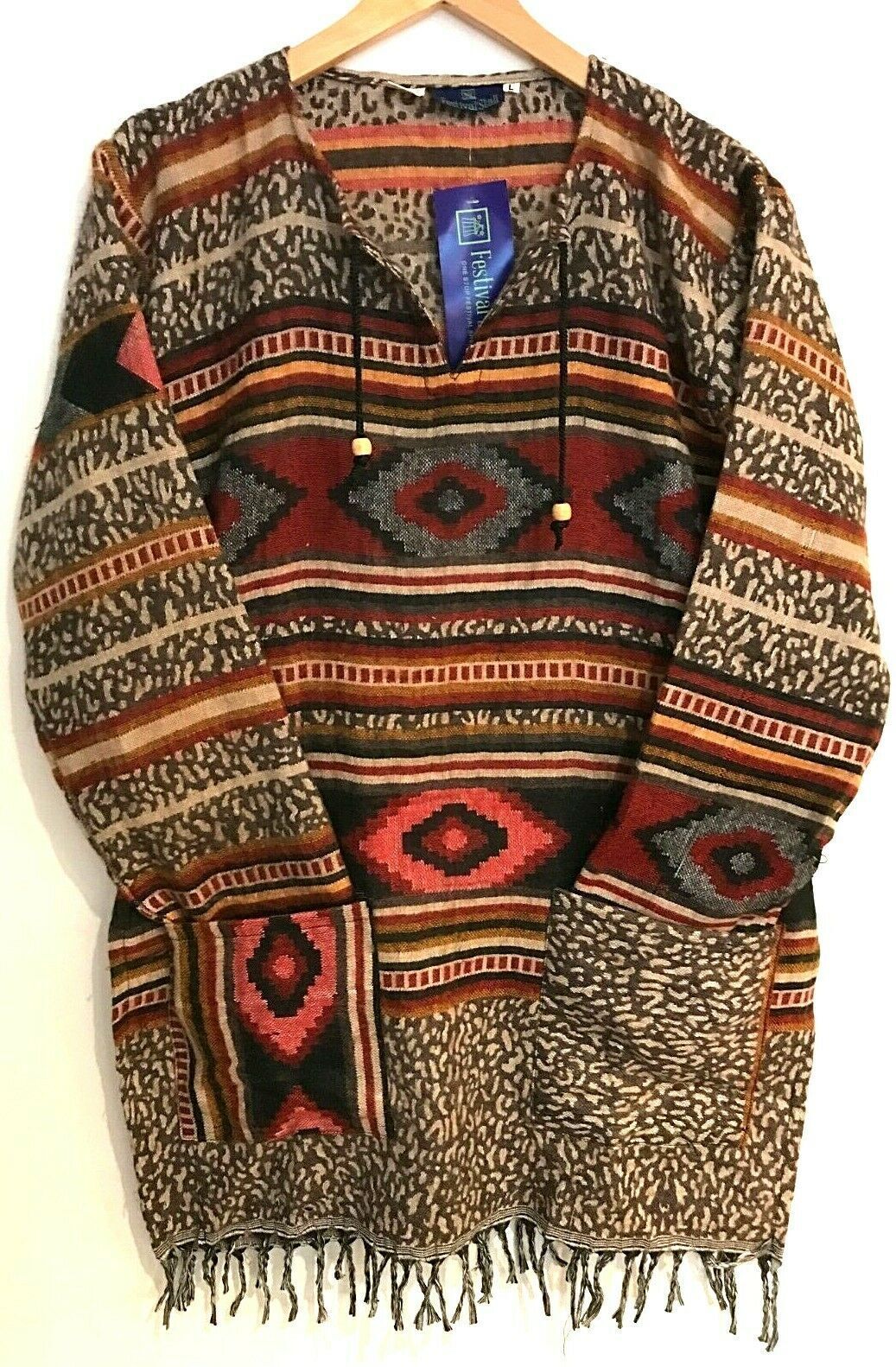 TUNIC Boho hippie  JUMPER PULLOVER SWEATER Brown winter warm tassel top UK 8 -14