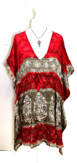 RED Tunic Dress Kaftan Top short Boho hippy festival vintage Sari Silk UK 8-18