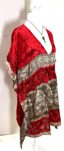 RED Tunic Dress Kaftan Top short Boho hippy festival vintage Sari Silk UK 8-18