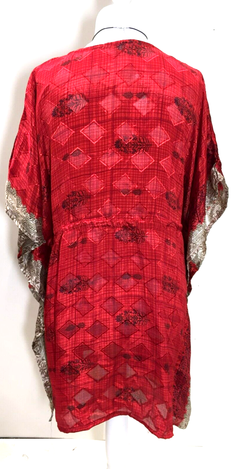 RED Tunic Dress Kaftan Top short Boho hippy festival vintage Sari Silk UK 8-18