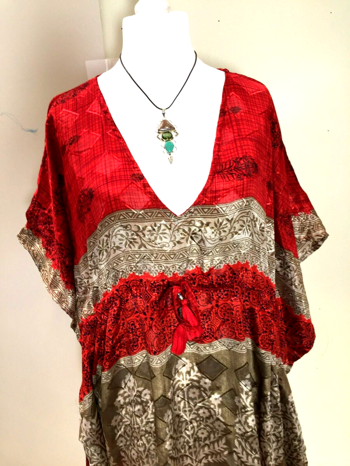 RED Tunic Dress Kaftan Top short Boho hippy festival vintage Sari Silk UK 8-18