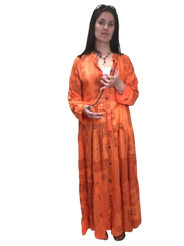 LONG Orange Maxi Dress Boho hippy festival style Floaty Om print Yoga  UK 8-14