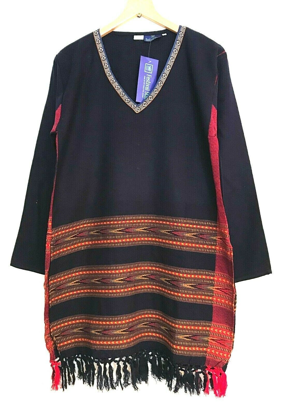 NAVY V- Neck Tunic Top Boho Hippie Festival Warm tassel long sleeve long S M L