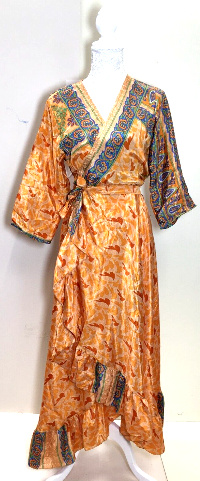 Vintage wrap DRESS boho UNIQUE handmade recycled INDIAN Sari Silk one size 8-14