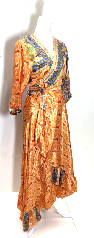 Vintage wrap DRESS boho UNIQUE handmade recycled INDIAN Sari Silk one size 8-14