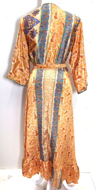 Vintage wrap DRESS boho UNIQUE handmade recycled INDIAN Sari Silk one size 8-14