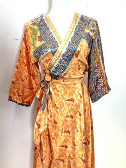 Vintage wrap DRESS boho UNIQUE handmade recycled INDIAN Sari Silk one size 8-14